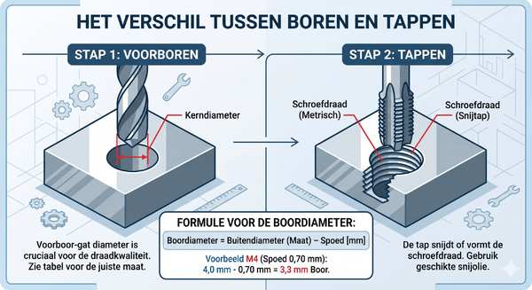Boren en tappen in metaal: stappenplan en voorboordiameters