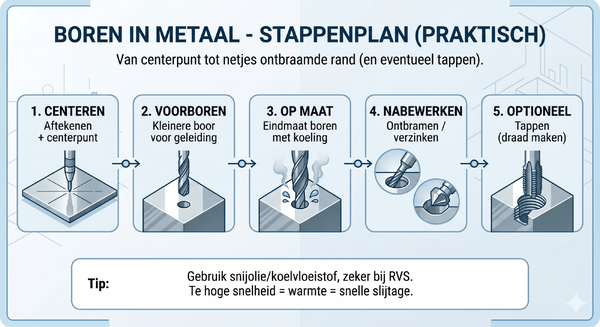 Boren en tappen in metaal: stappenplan en voorboordiameters